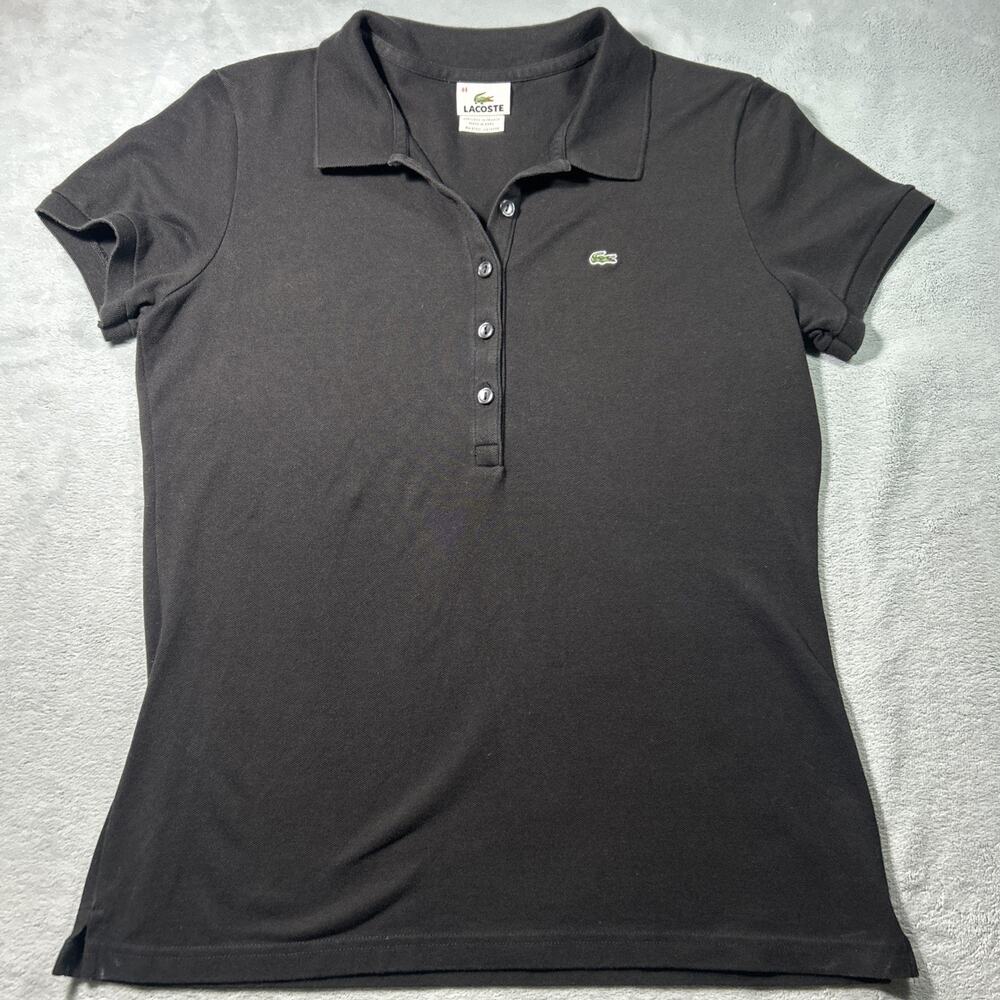 LaCoste Polo Button Shirt Womens 44 Medium Top Blouse Black Formal Office Preppy